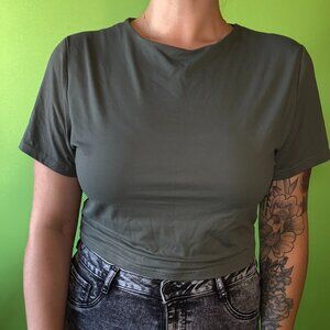 Double layered athleisure green active wear cropped shirt / Reoria / 2XL / XXL